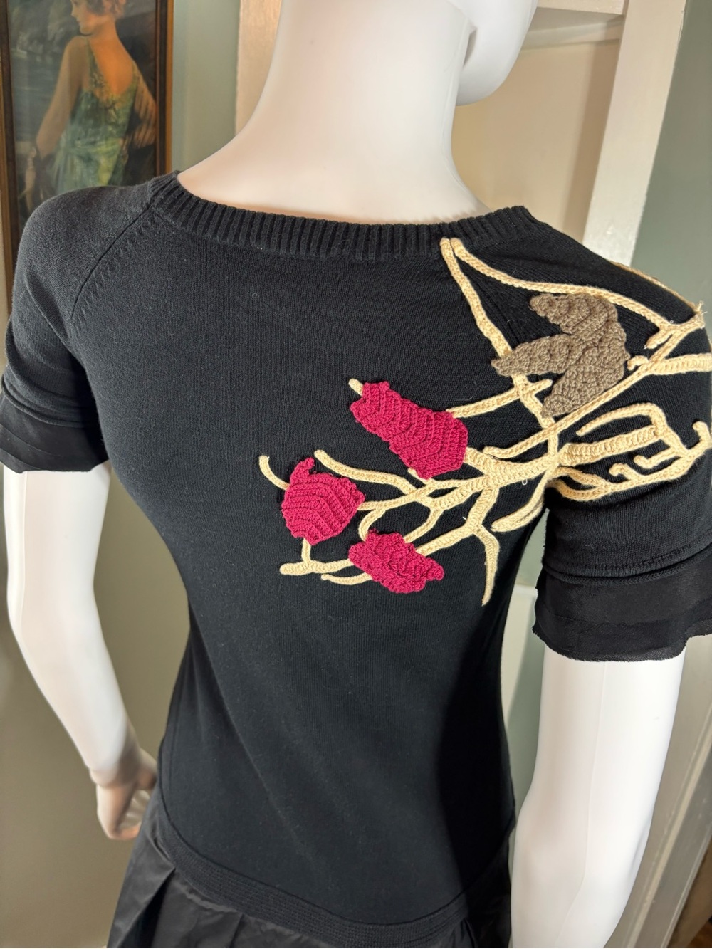 VTG Y2K Kenzo Silk Taffeta Sweater Black Mini Dress Floral Embroidered Appliqué - Picture 8 of 16